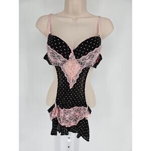 Vintage Y2K Pucker Up Womens Sz L Apron Style Nightie Black Pink Lace NEW
